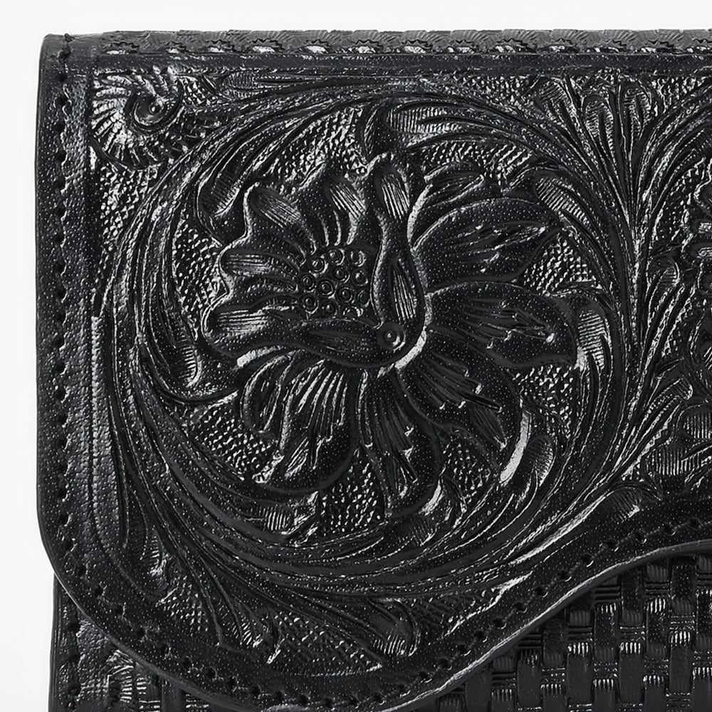 ADBGZ901A Black Hand-Tooled Genuine Leather Western Clutch with Curved Flap