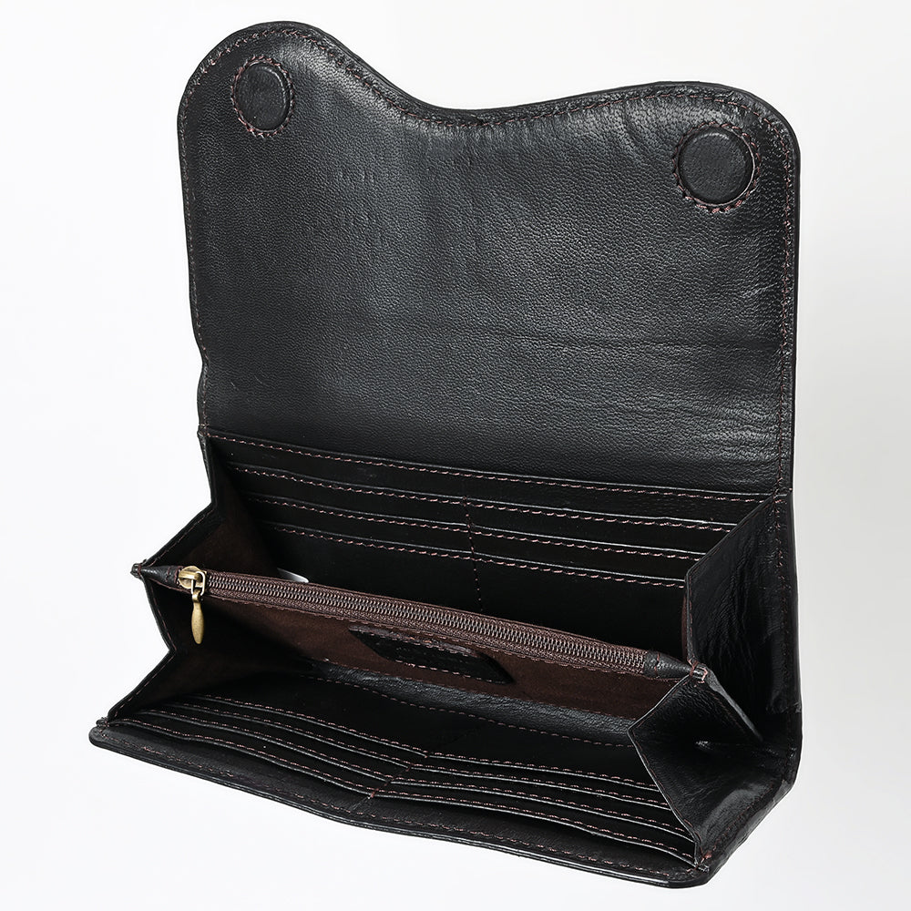 ADBGZ901A Black Hand-Tooled Genuine Leather Western Clutch with Curved Flap