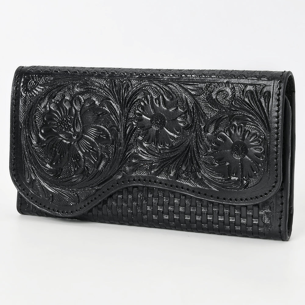 ADBGZ901A Black Hand-Tooled Genuine Leather Western Clutch with Curved Flap