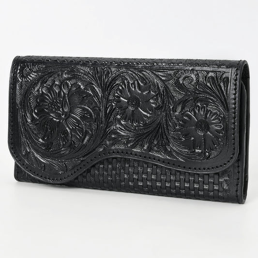 ADBGZ901A Black Hand-Tooled Genuine Leather Western Clutch with Curved Flap