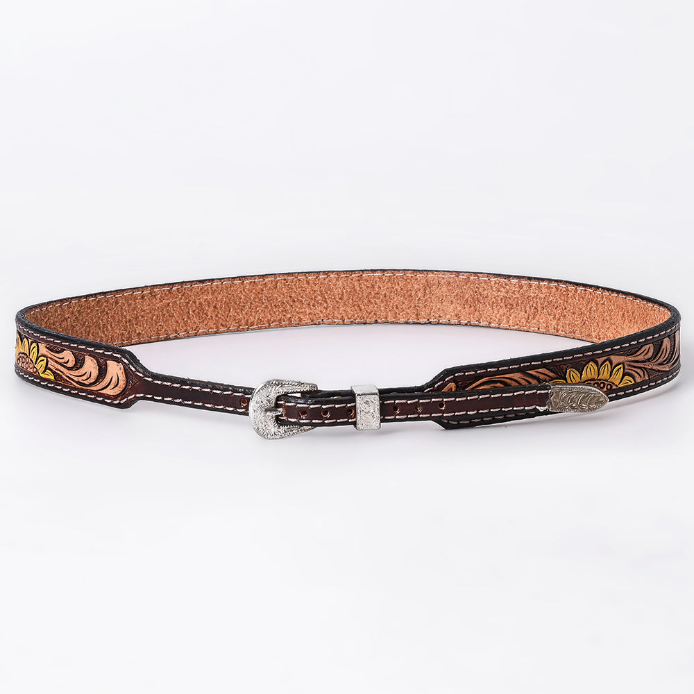 ADHTBR125 Sunflower Tooled Leather Western Hatband with Silver Buckle - Handcrafted Cowgirl Style