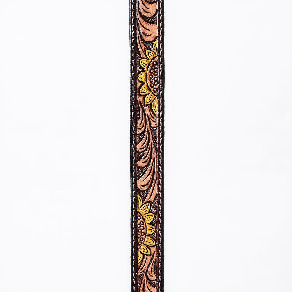 ADHTBR125 Sunflower Tooled Leather Western Hatband with Silver Buckle - Handcrafted Cowgirl Style