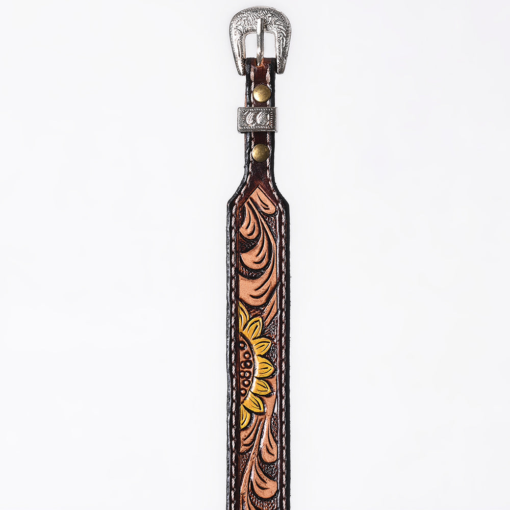 ADHTBR125 Sunflower Tooled Leather Western Hatband with Silver Buckle - Handcrafted Cowgirl Style