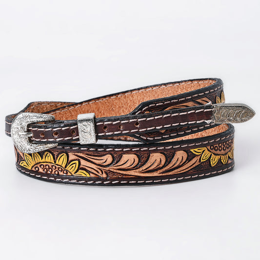 ADHTBR125 Sunflower Tooled Leather Western Hatband with Silver Buckle - Handcrafted Cowgirl Style