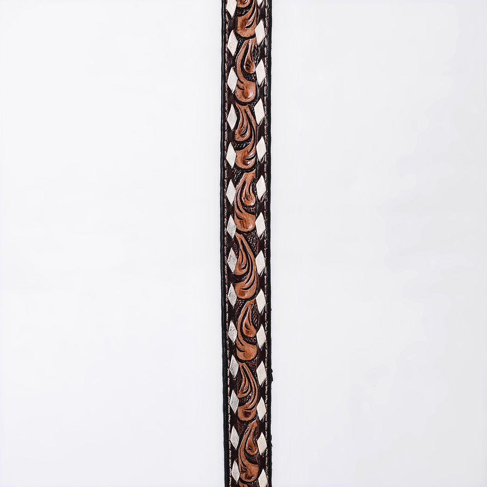 ADHTBR126 Tooled Leather Western Hatband with Cream Diamond Inlays & Silver Buckle