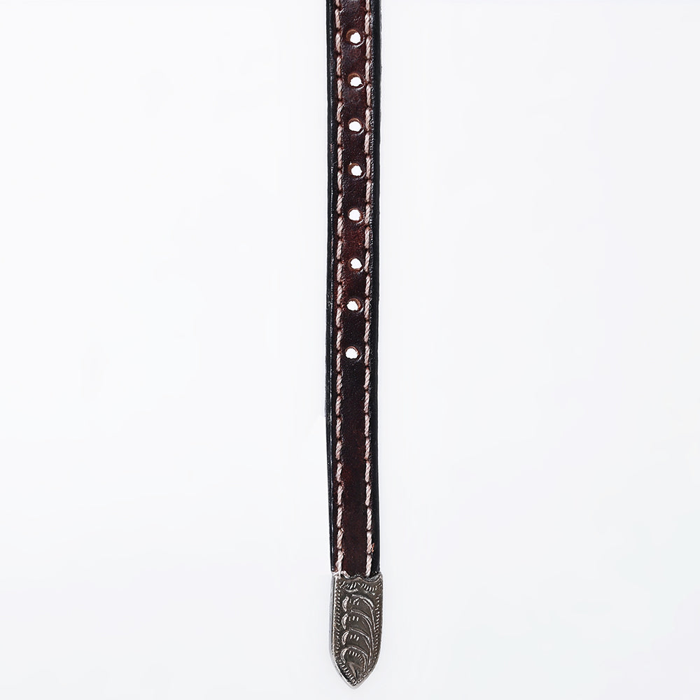ADHTBR126 Tooled Leather Western Hatband with Cream Diamond Inlays & Silver Buckle
