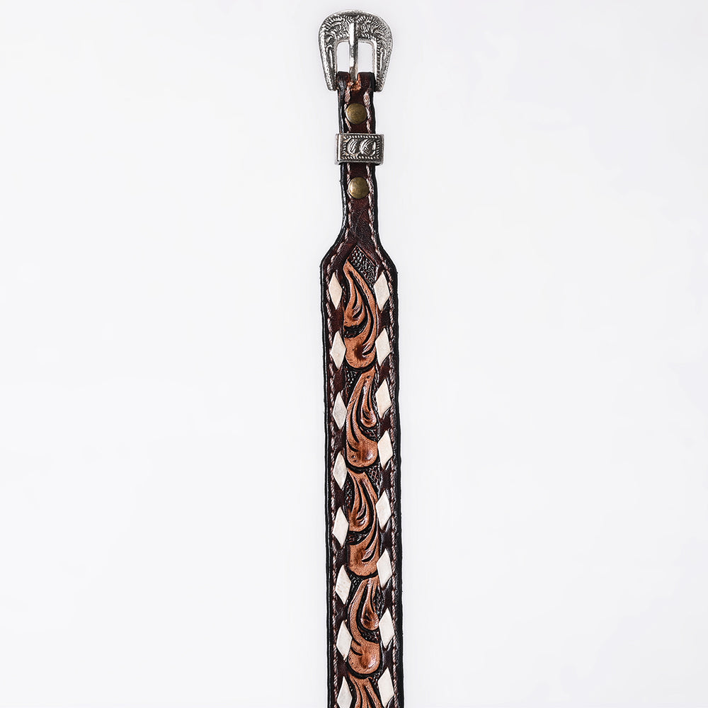 ADHTBR126 Tooled Leather Western Hatband with Cream Diamond Inlays & Silver Buckle