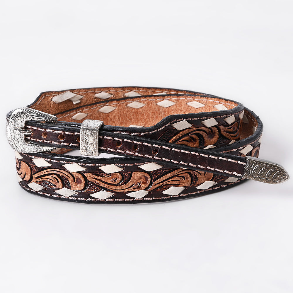 ADHTBR126 Tooled Leather Western Hatband with Cream Diamond Inlays & Silver Buckle