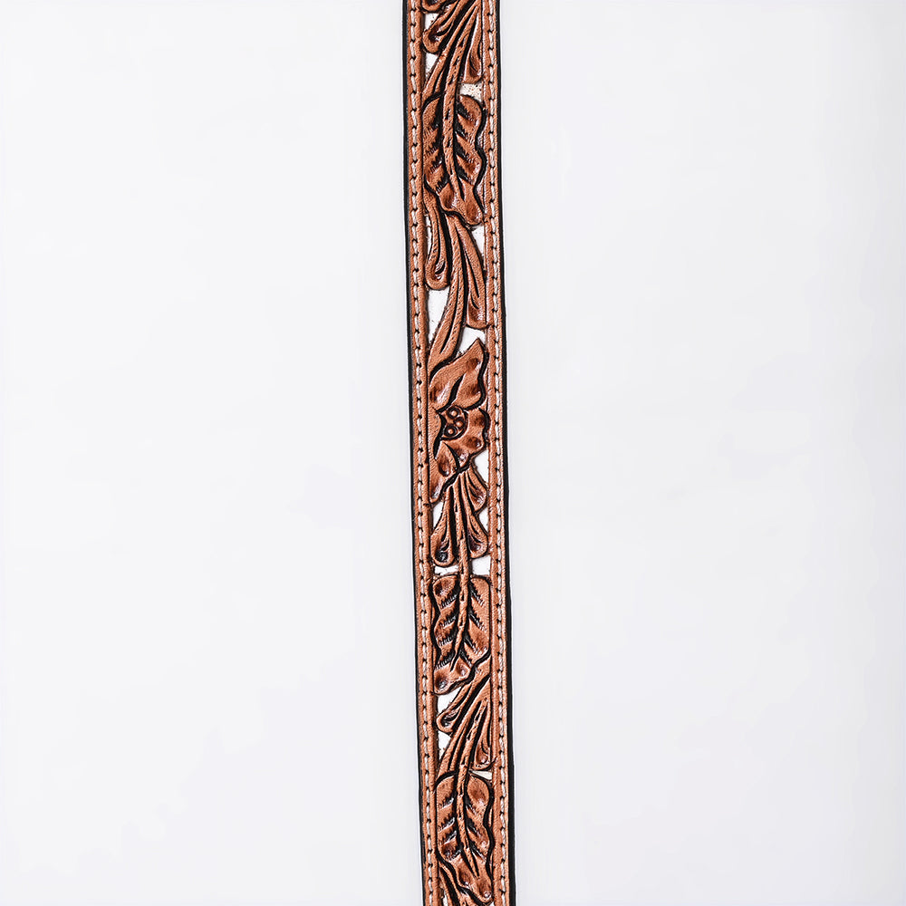 ADHTBR132 Natural Tooled Leather Western Hatband with White Lace Inlay & Silver Buckle