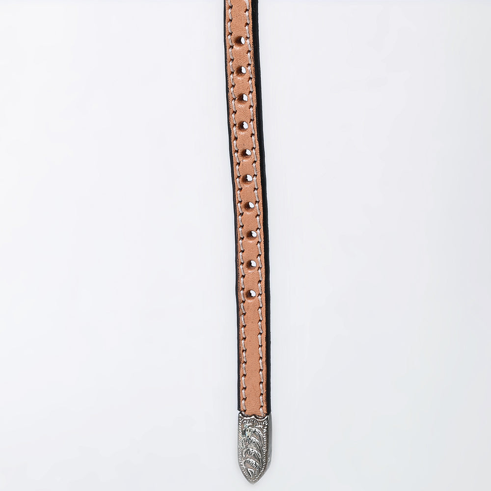 ADHTBR132 Natural Tooled Leather Western Hatband with White Lace Inlay & Silver Buckle