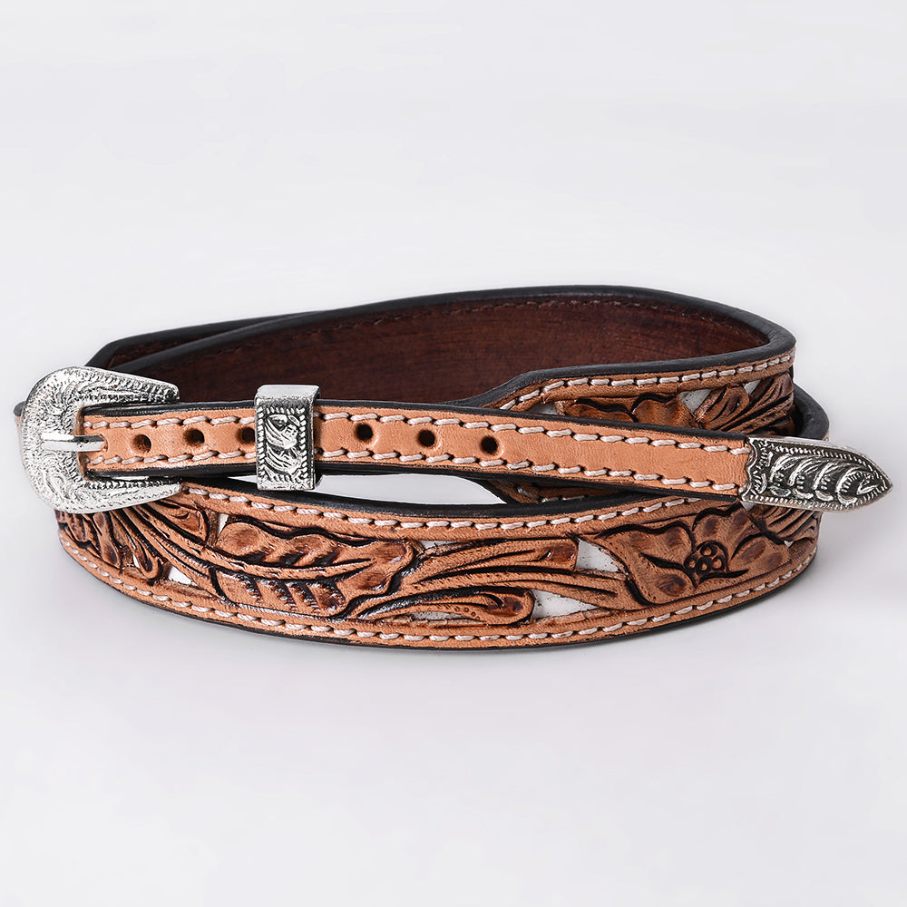ADHTBR132 Natural Tooled Leather Western Hatband with White Lace Inlay & Silver Buckle