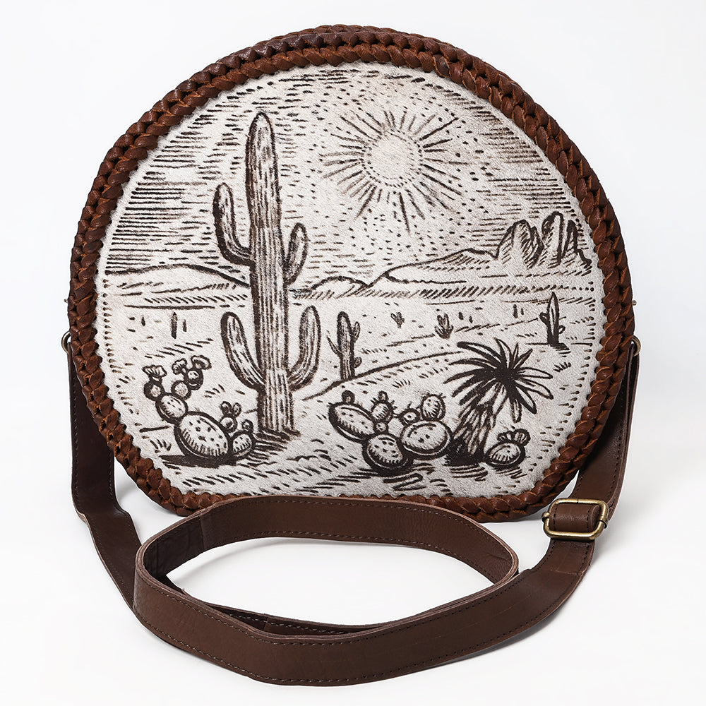 ADBGM507 Round Desert Etched Canteen - Western Leather Bag with Cactus Landscape Art
