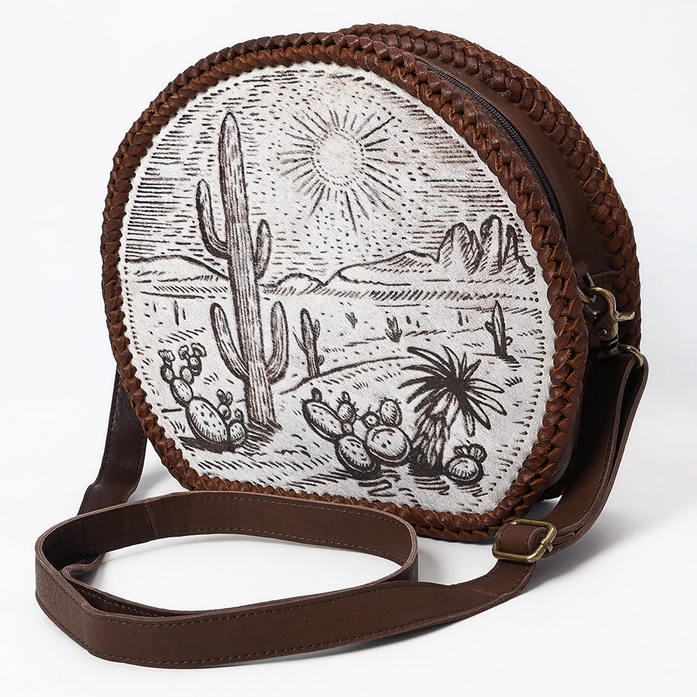 ADBGM507 Round Desert Etched Canteen - Western Leather Bag with Cactus Landscape Art