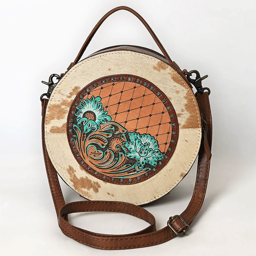 ADBG1600 Round Cowhide & Tooled Leather Canteen Bag with Turquoise Floral Design