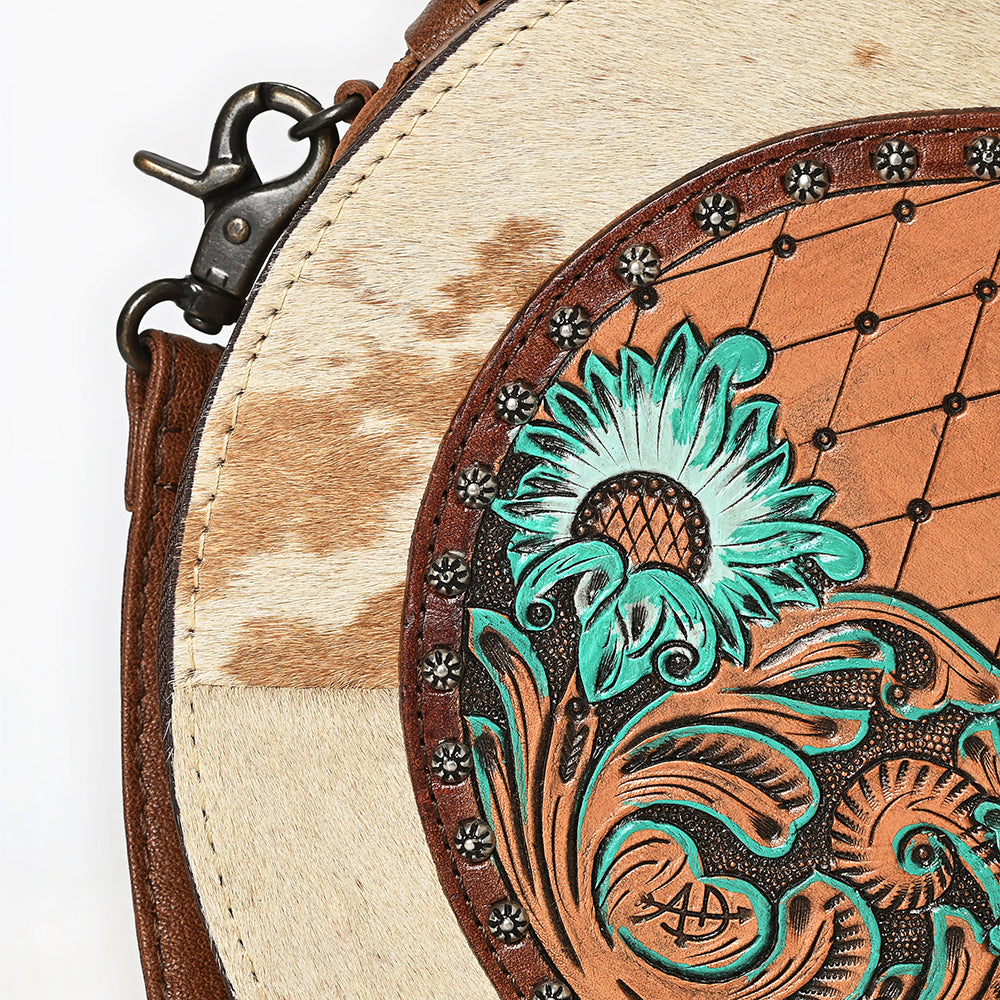 ADBG1600 Round Cowhide & Tooled Leather Canteen Bag with Turquoise Floral Design