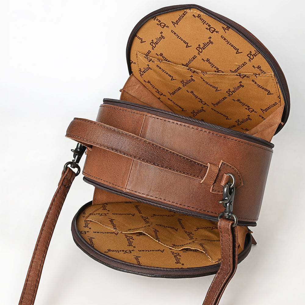 ADBG1600 Round Cowhide & Tooled Leather Canteen Bag with Turquoise Floral Design