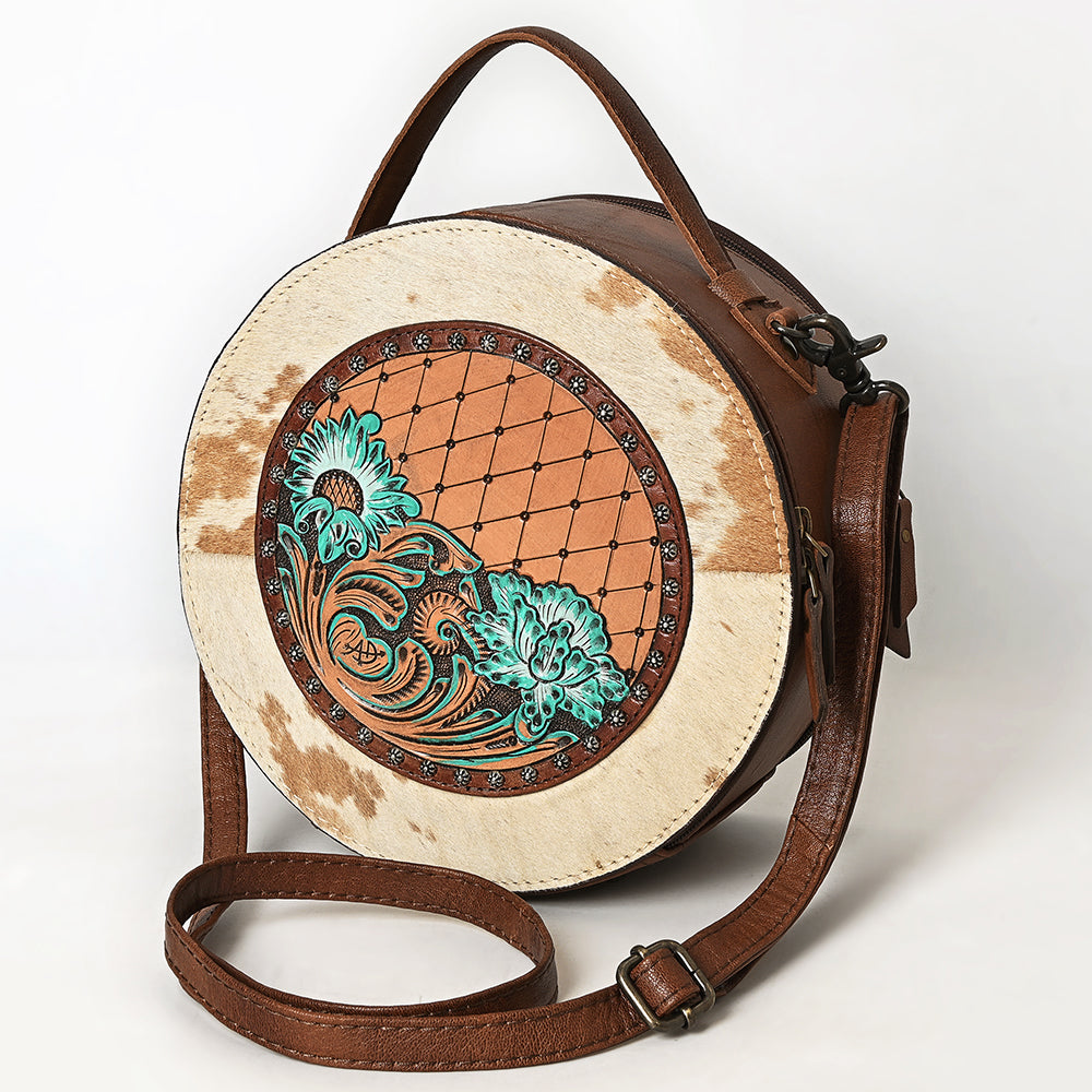 ADBG1600 Round Cowhide & Tooled Leather Canteen Bag with Turquoise Floral Design