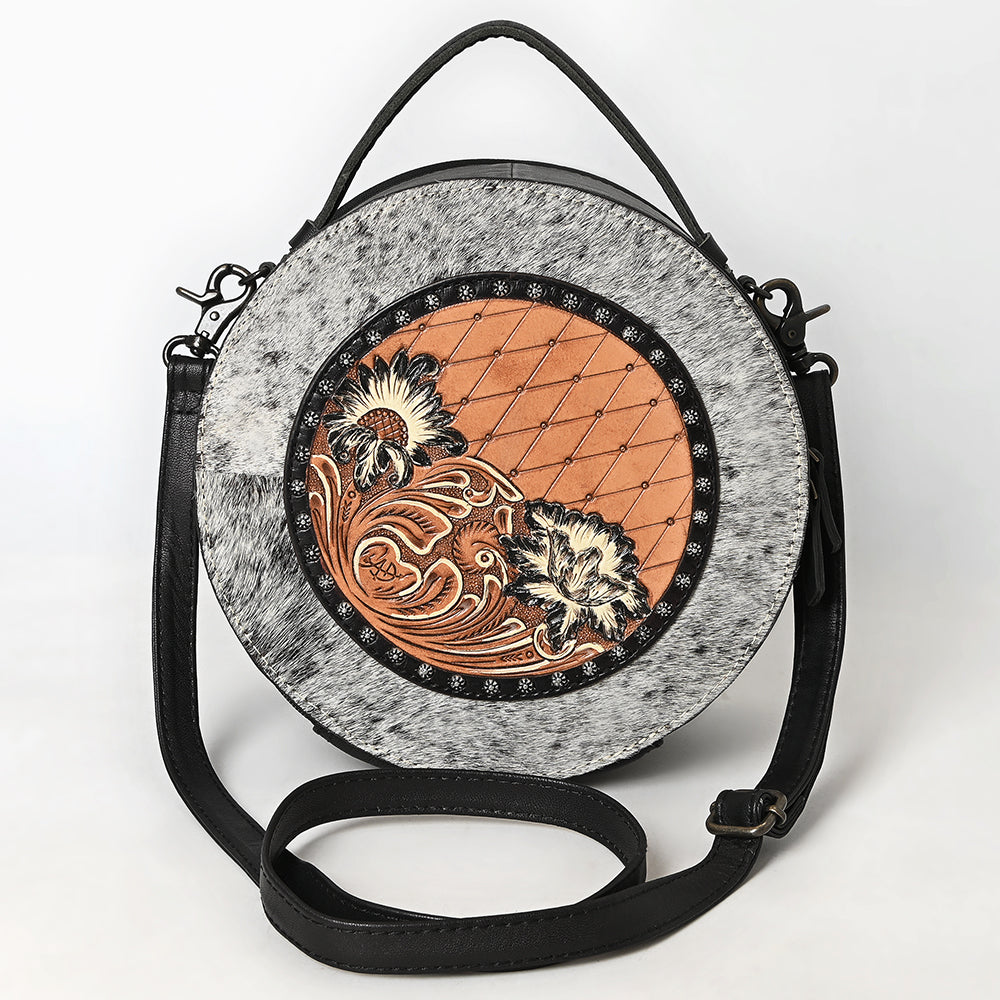 ADBG1600 Round Cowhide & Tooled Leather Canteen Bag with Turquoise Floral Design