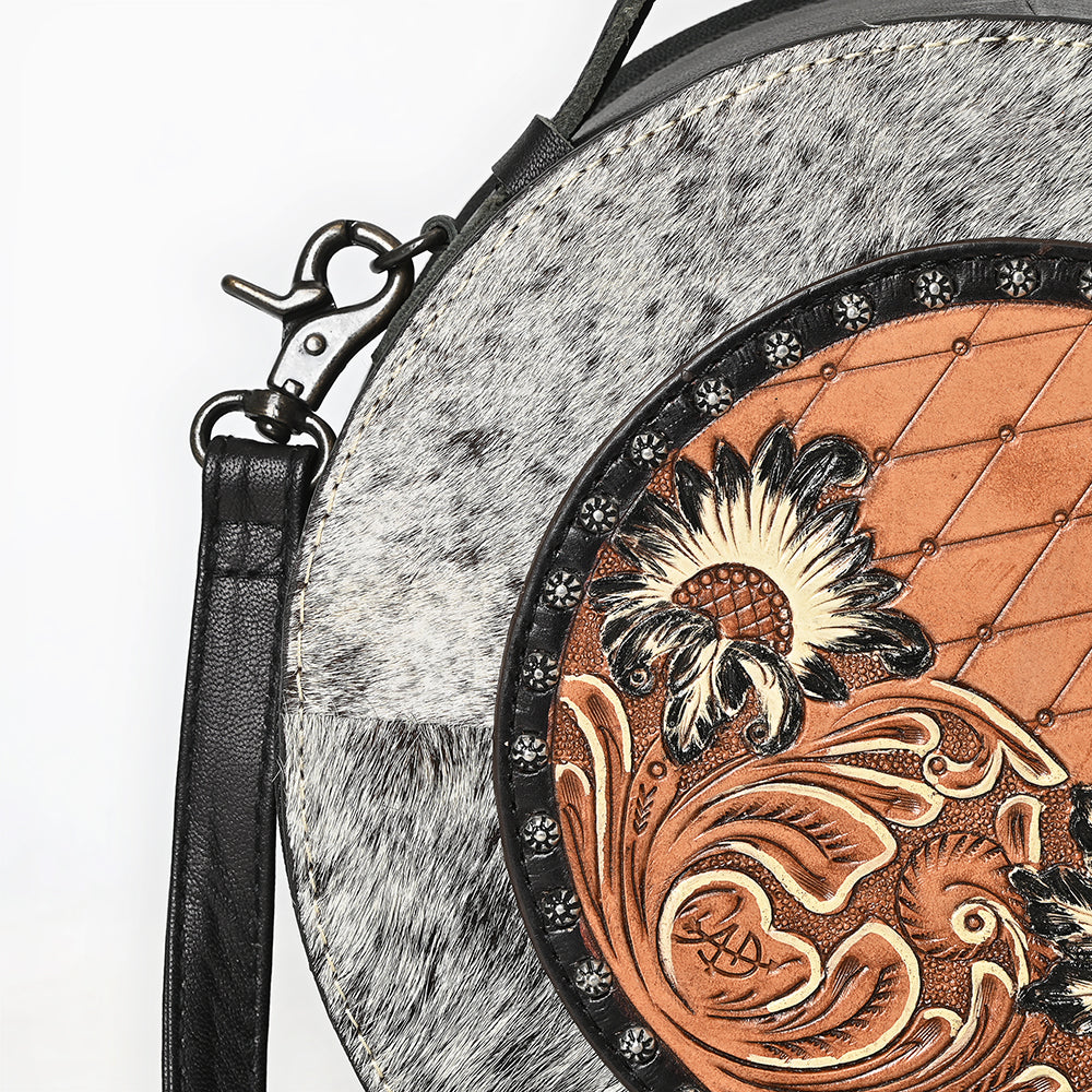 ADBG1600 Round Cowhide & Tooled Leather Canteen Bag with Turquoise Floral Design