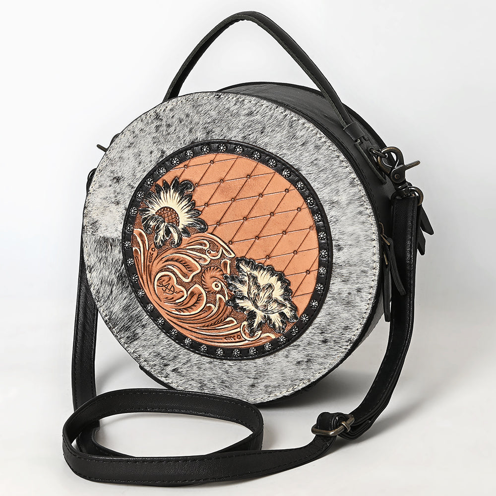 ADBG1600 Round Cowhide & Tooled Leather Canteen Bag with Turquoise Floral Design