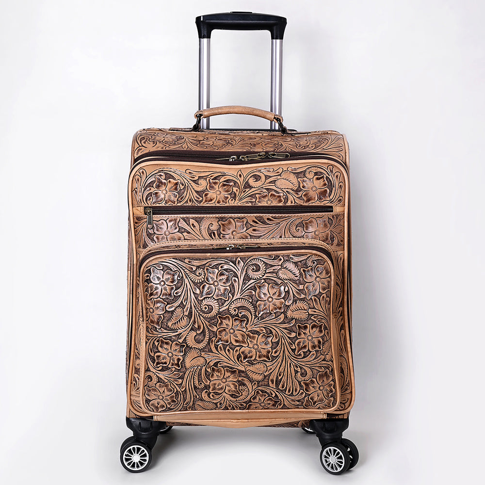 ADBG1601 Handtooled Leather Western Rolling Luggage Suitcase with Floral Design