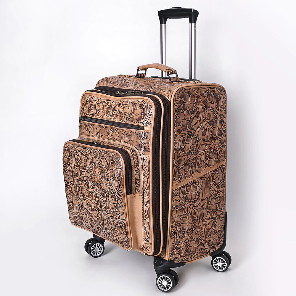 ADBG1601 Handtooled Leather Western Rolling Luggage Suitcase with Floral Design