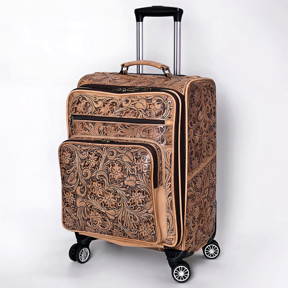 ADBG1601 Handtooled Leather Western Rolling Luggage Suitcase with Floral Design