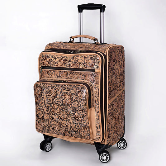 ADBG1601 Handtooled Leather Western Rolling Luggage Suitcase with Floral Design