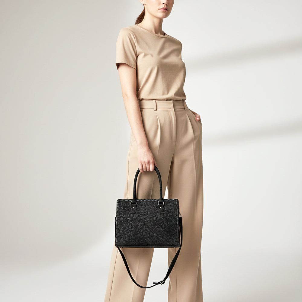 ADBG1603 Handtooled Leather Tote Bag with Braided Edges & Shoulder Strap