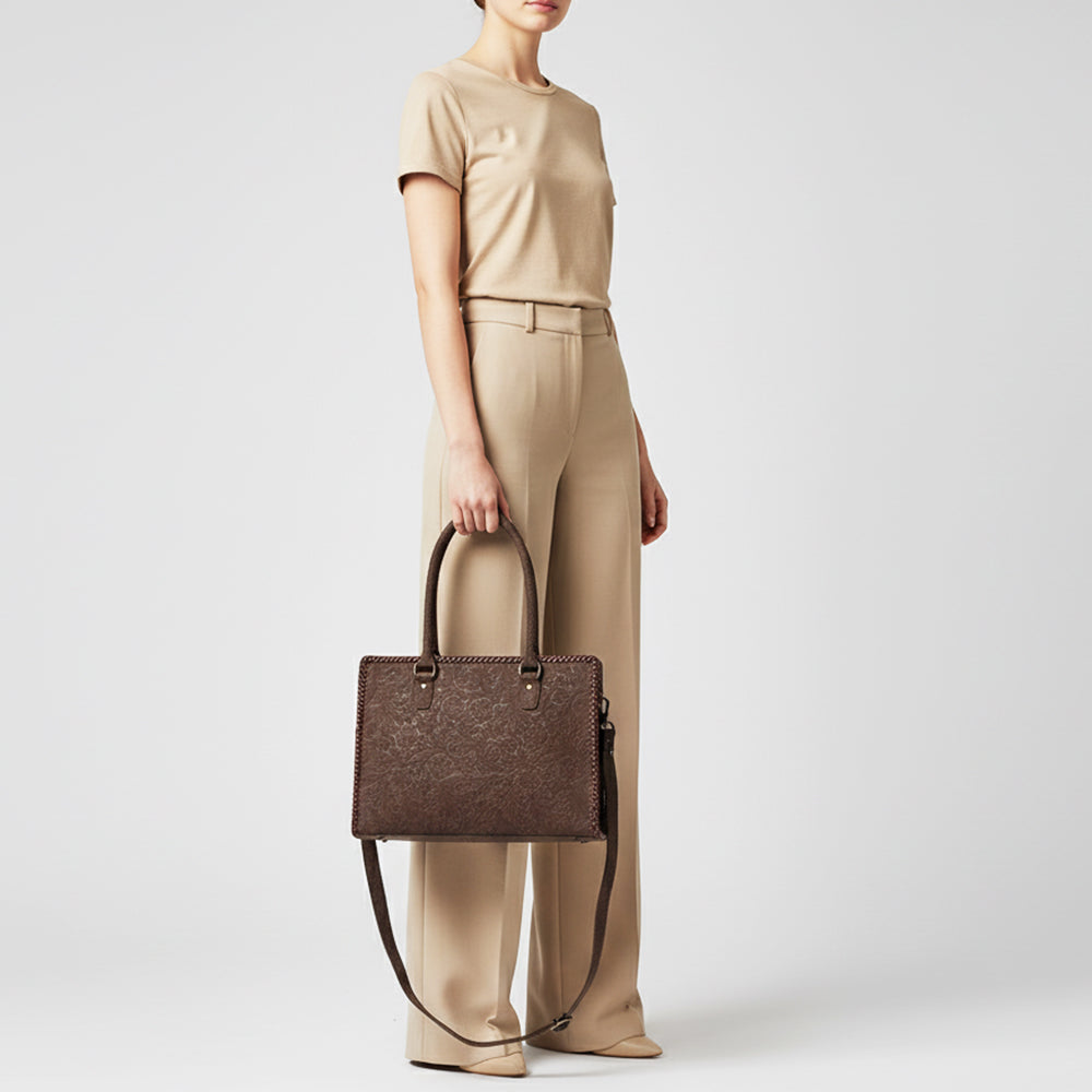 ADBG1603 Handtooled Leather Tote Bag with Braided Edges & Shoulder Strap