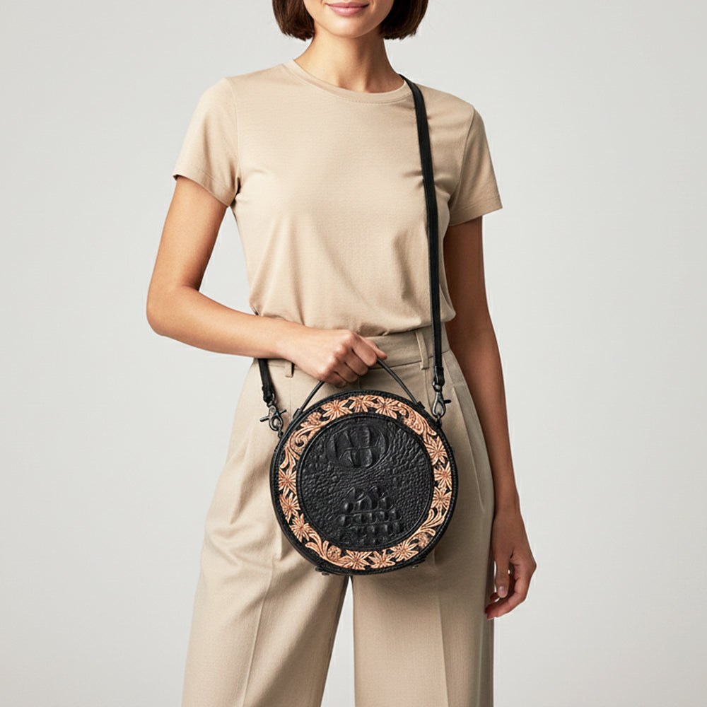 ADBG1604 Round Leather Canteen Bag with Floral Tooled Border & Embossed Center