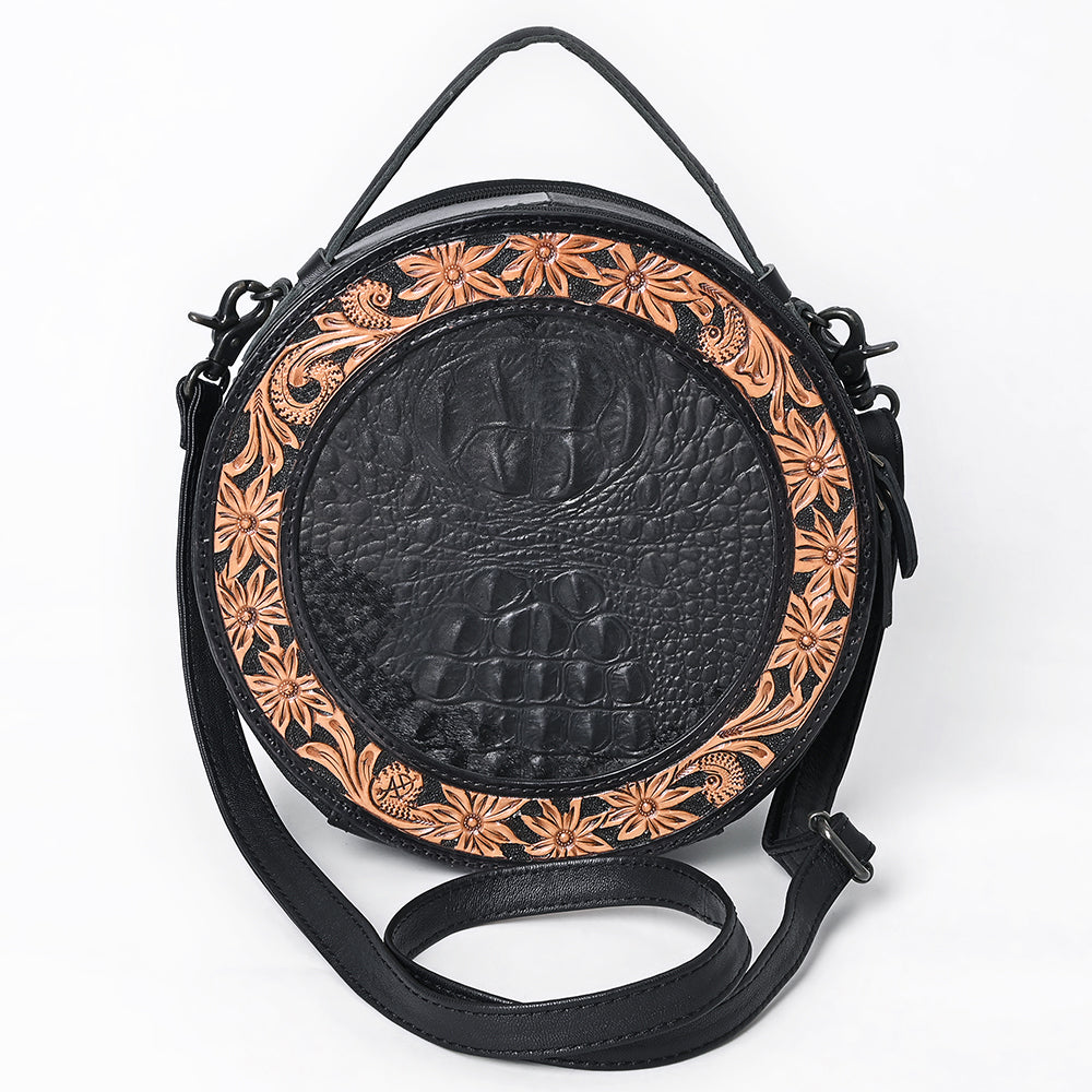 ADBG1604 Round Leather Canteen Bag with Floral Tooled Border & Embossed Center