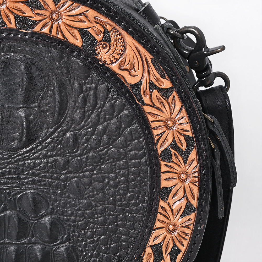 ADBG1604 Round Leather Canteen Bag with Floral Tooled Border & Embossed Center