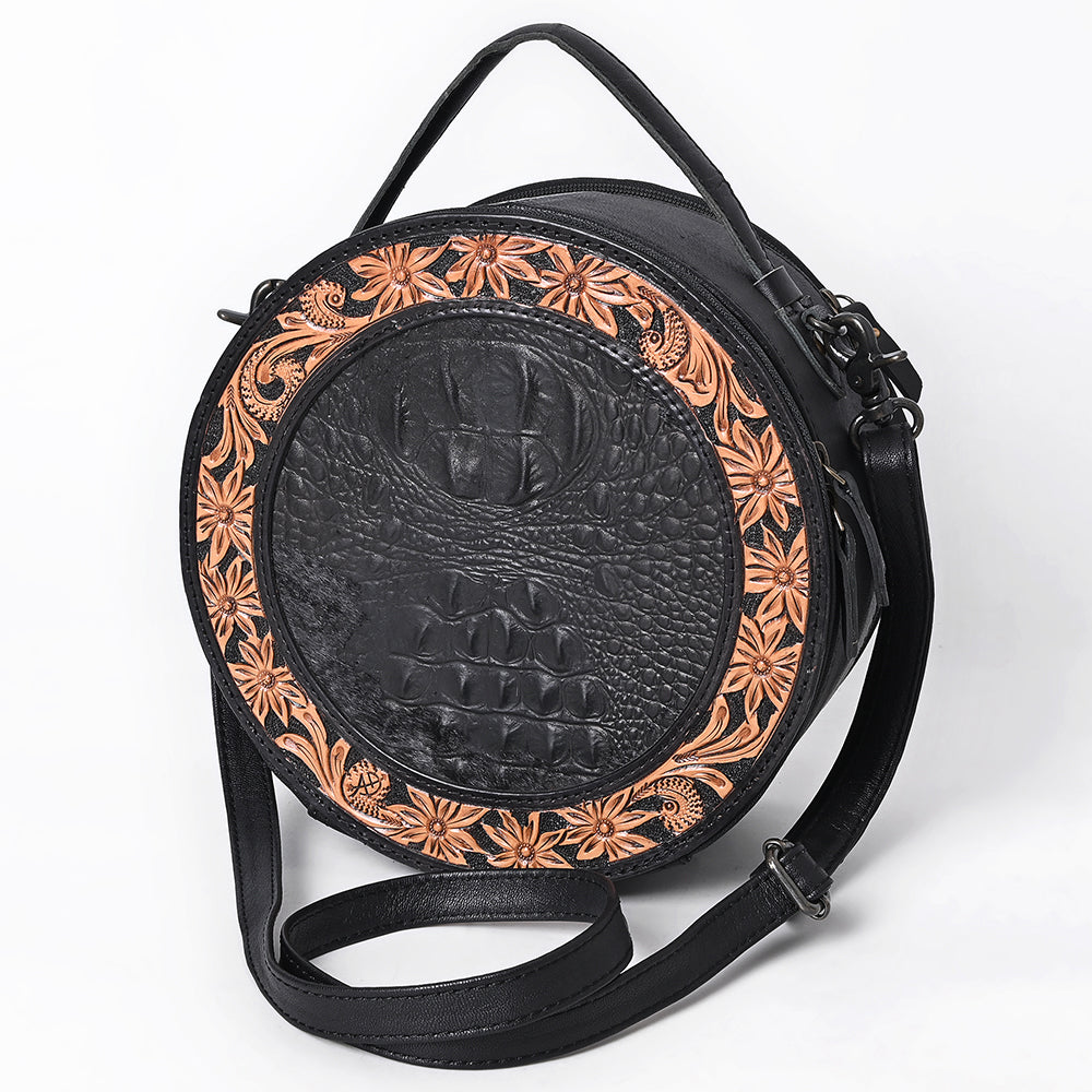 ADBG1604 Round Leather Canteen Bag with Floral Tooled Border & Embossed Center
