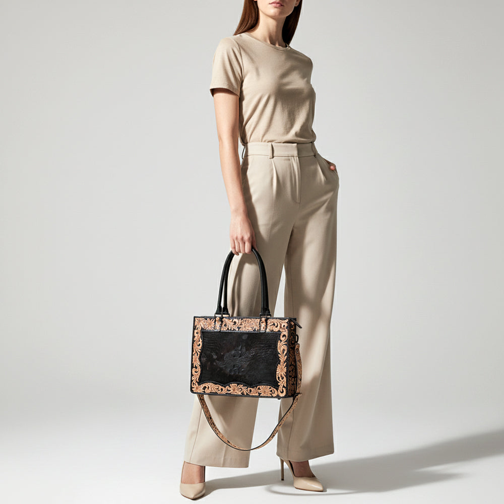 ADBG1605 Black Leather Tote Bag with Floral Tooled Border & Croc-Embossed Center