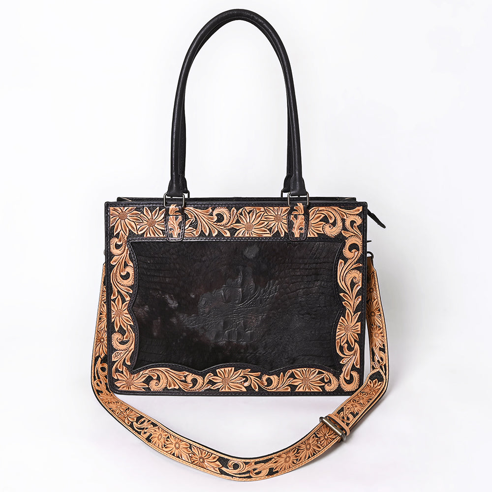 ADBG1605 Black Leather Tote Bag with Floral Tooled Border & Croc-Embossed Center