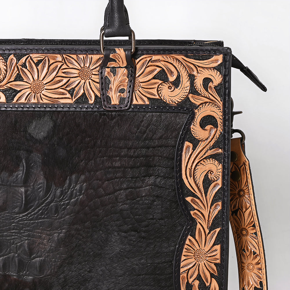 ADBG1605 Black Leather Tote Bag with Floral Tooled Border & Croc-Embossed Center