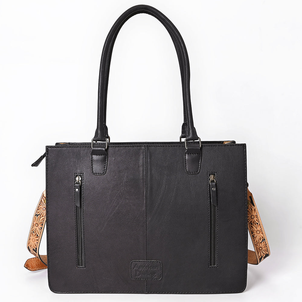 ADBG1605 Black Leather Tote Bag with Floral Tooled Border & Croc-Embossed Center