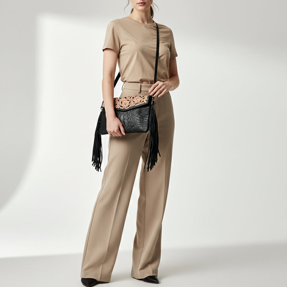 ADBG1606 Black Tooled Leather Fringe Wallet Bag with Croc-Embossed Body & Floral Flap