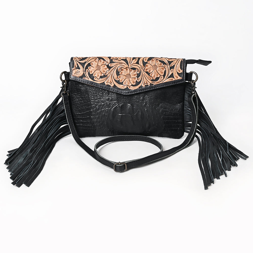 ADBG1606 Black Tooled Leather Fringe Wallet Bag with Croc-Embossed Body & Floral Flap