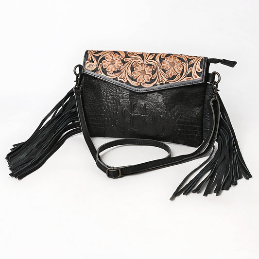 ADBG1606 Black Tooled Leather Fringe Wallet Bag with Croc-Embossed Body & Floral Flap