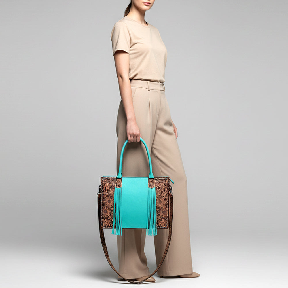 ADBG1607 Turquoise Leather Tote Bag with Sunflower Tooled Panels & Western Strap