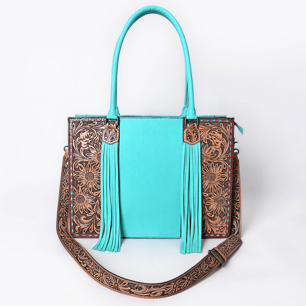 ADBG1607 Turquoise Leather Tote Bag with Sunflower Tooled Panels & Western Strap