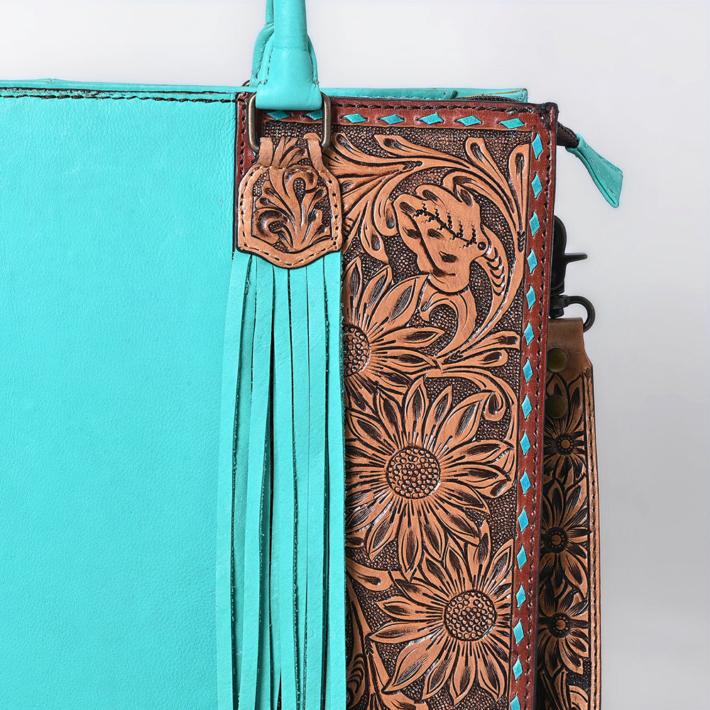 ADBG1607 Turquoise Leather Tote Bag with Sunflower Tooled Panels & Western Strap
