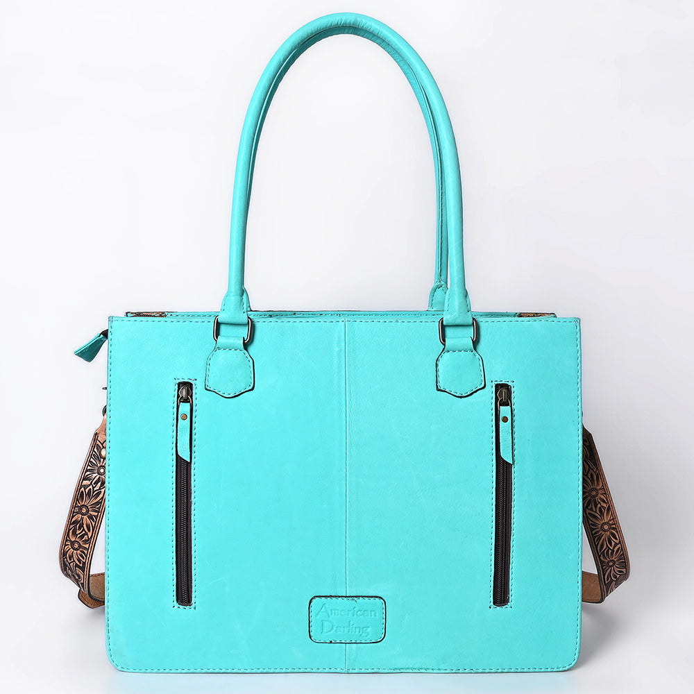 ADBG1607 Turquoise Leather Tote Bag with Sunflower Tooled Panels & Western Strap