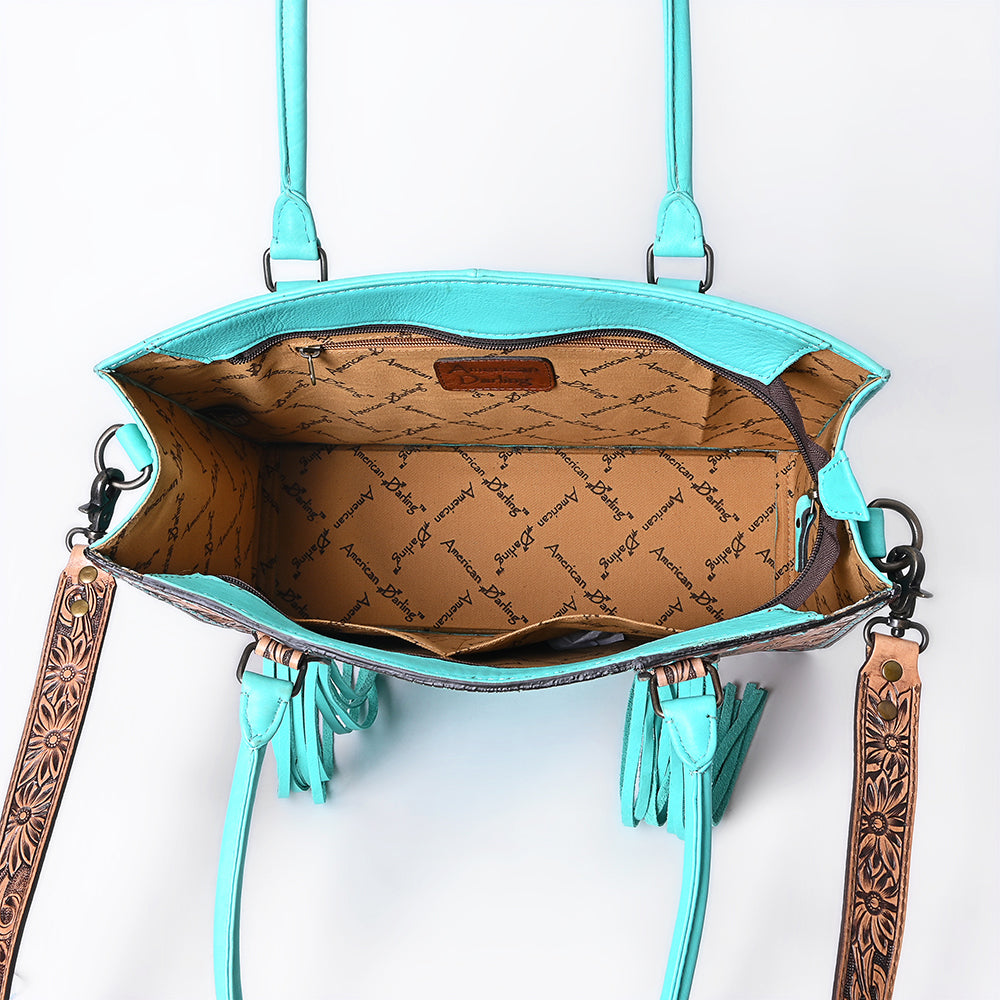 ADBG1607 Turquoise Leather Tote Bag with Sunflower Tooled Panels & Western Strap