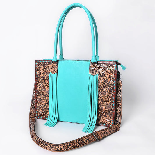 ADBG1607 Turquoise Leather Tote Bag with Sunflower Tooled Panels & Western Strap
