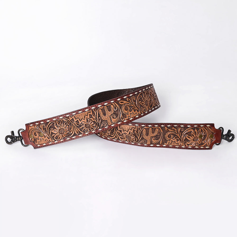 ADBT147 Wide Hand-Tooled Leather Bag Strap with Whipstitch Edges - Western Floral Carved Replacement