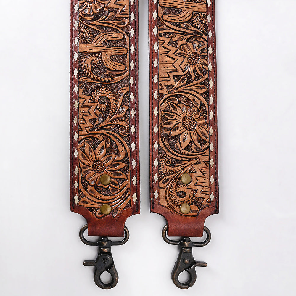 ADBT147 Wide Hand-Tooled Leather Bag Strap with Whipstitch Edges - Western Floral Carved Replacement