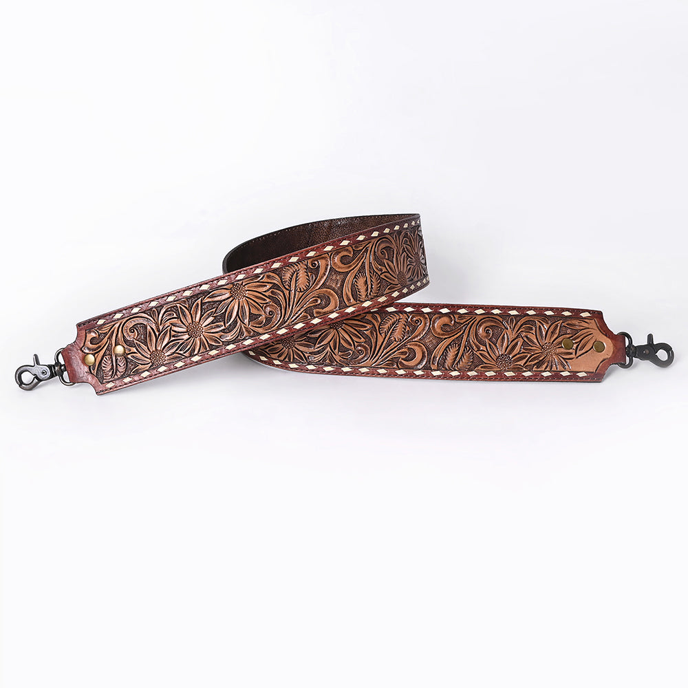 ADBT147 Wide Hand-Tooled Leather Bag Strap with Whipstitch Edges - Western Floral Carved Replacement